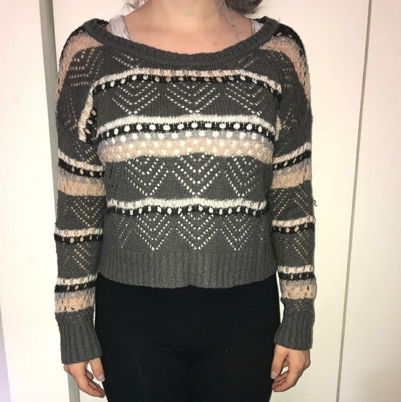 Gray and Creme Striped Crop Sweater Size S - Picture 1 of 2